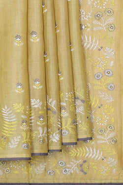 Image of Tussar Silk Dull Yellow Embroidered Saree