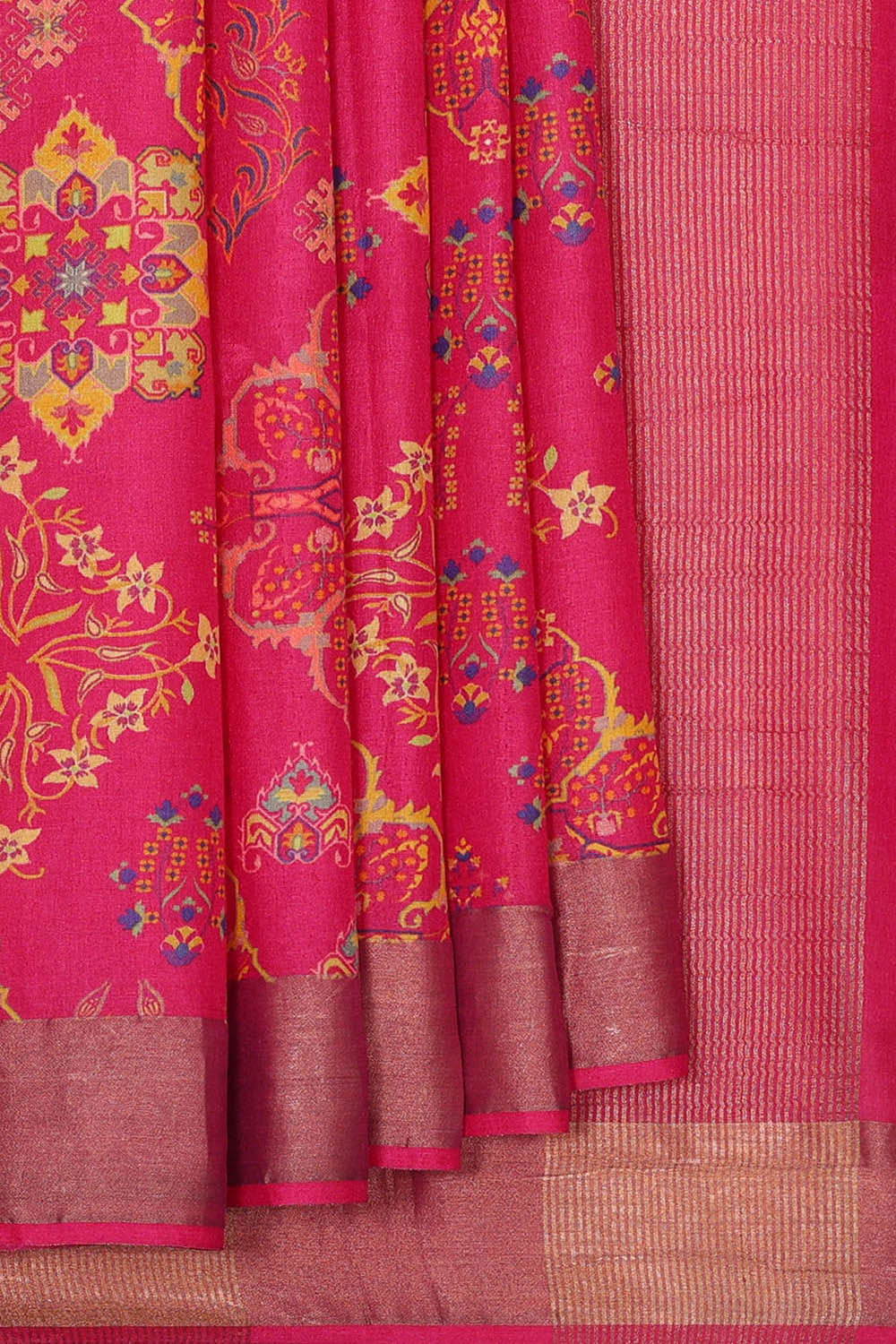 Printed Tussar Silk Rani Pink Saree