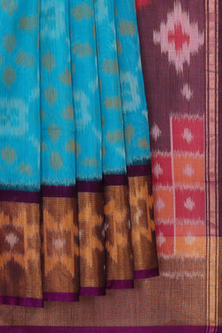 Image of Ikat Silk Cotton Sky Blue Saree