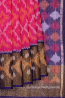 Image of Ikat Silk Cotton Pink Saree