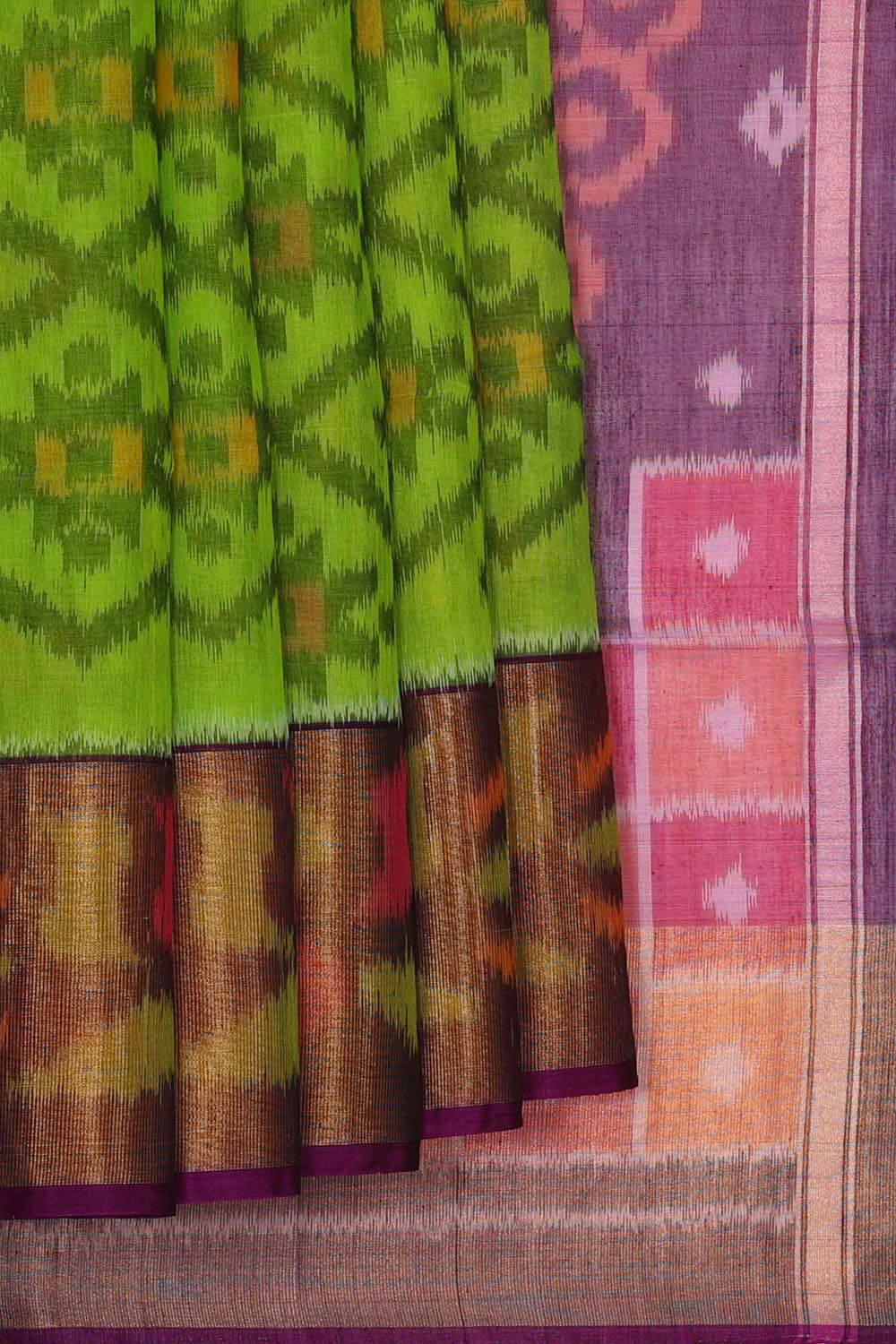 Ikat Silk Cotton Parrot Green Saree