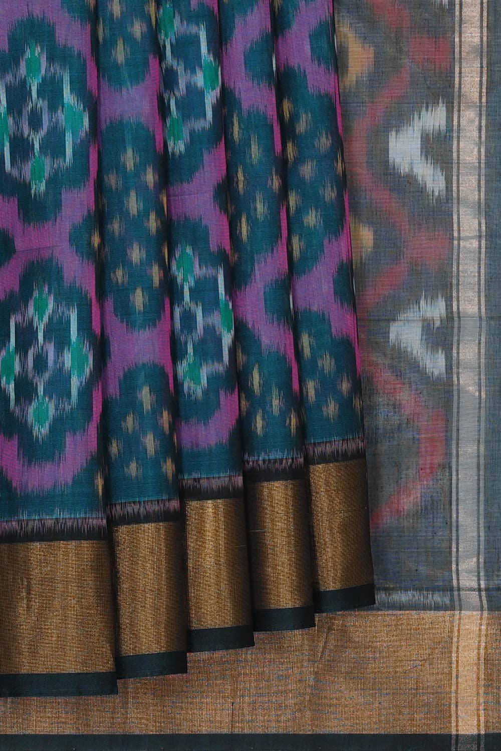 Ikat Silk Cotton Peacock Green Saree