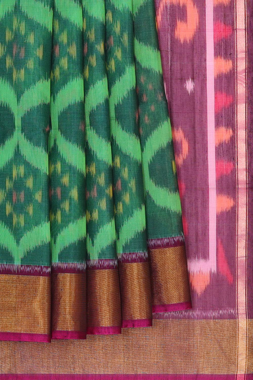 Ikat Silk Cotton Green Saree