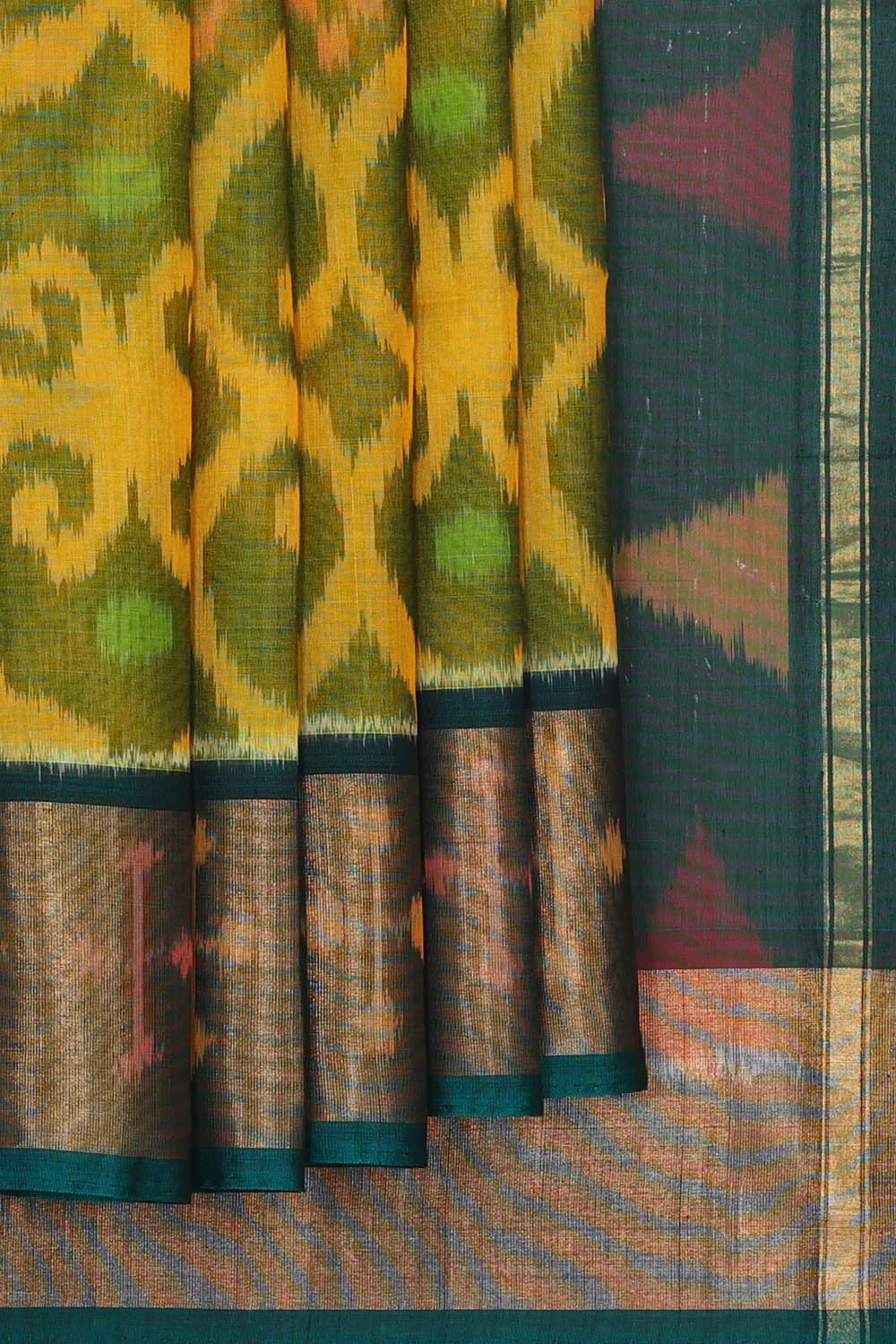 Ikat Silk Cotton Golden Green Saree