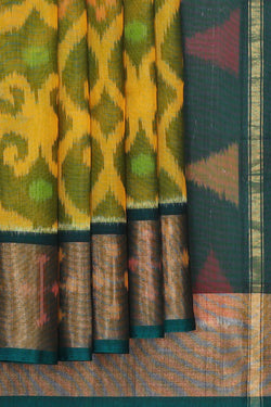 Image of Ikat Silk Cotton Golden Green Saree