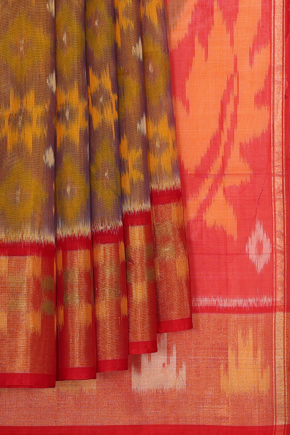 Ikat Silk Cotton Yellow - Green Saree