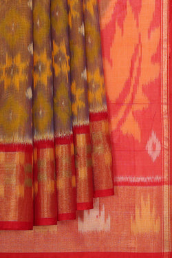 Image of Ikat Silk Cotton Yellow - Green Saree