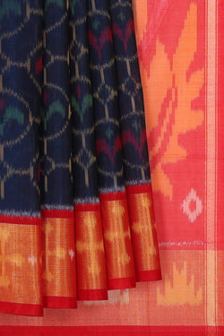 Image of Ikat Silk Cotton Navy Blue Saree