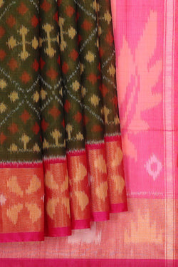 Image of Ikat Silk Cotton Olive Green Saree