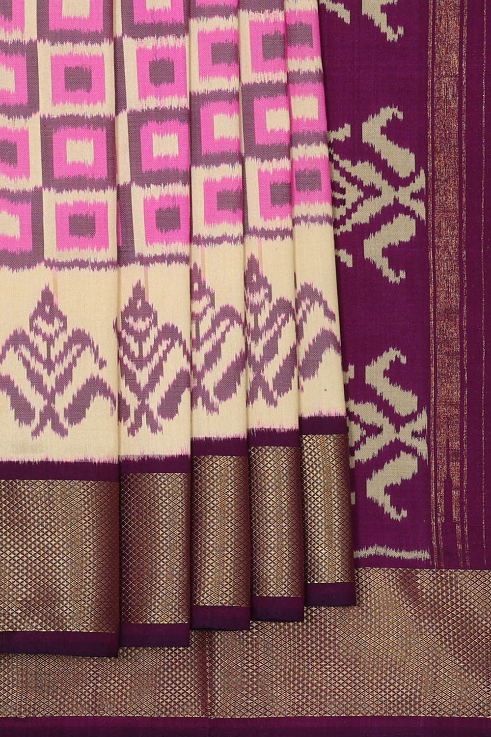 Ikat Silk Cream Saree