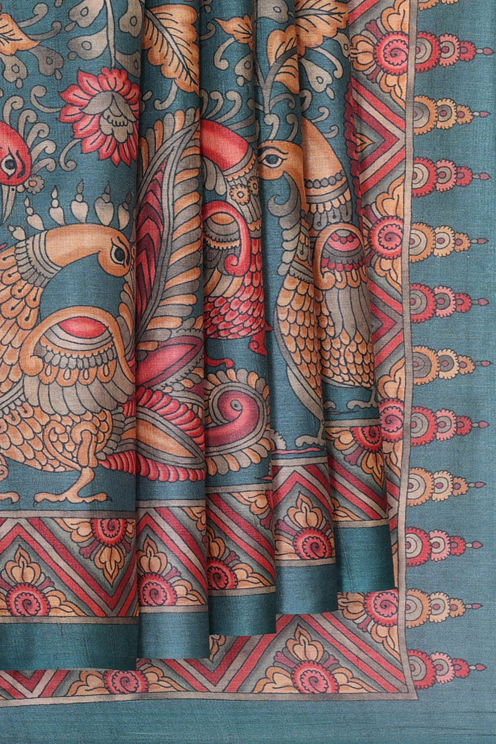 Printed Tussar Silk Teal Blue Saree