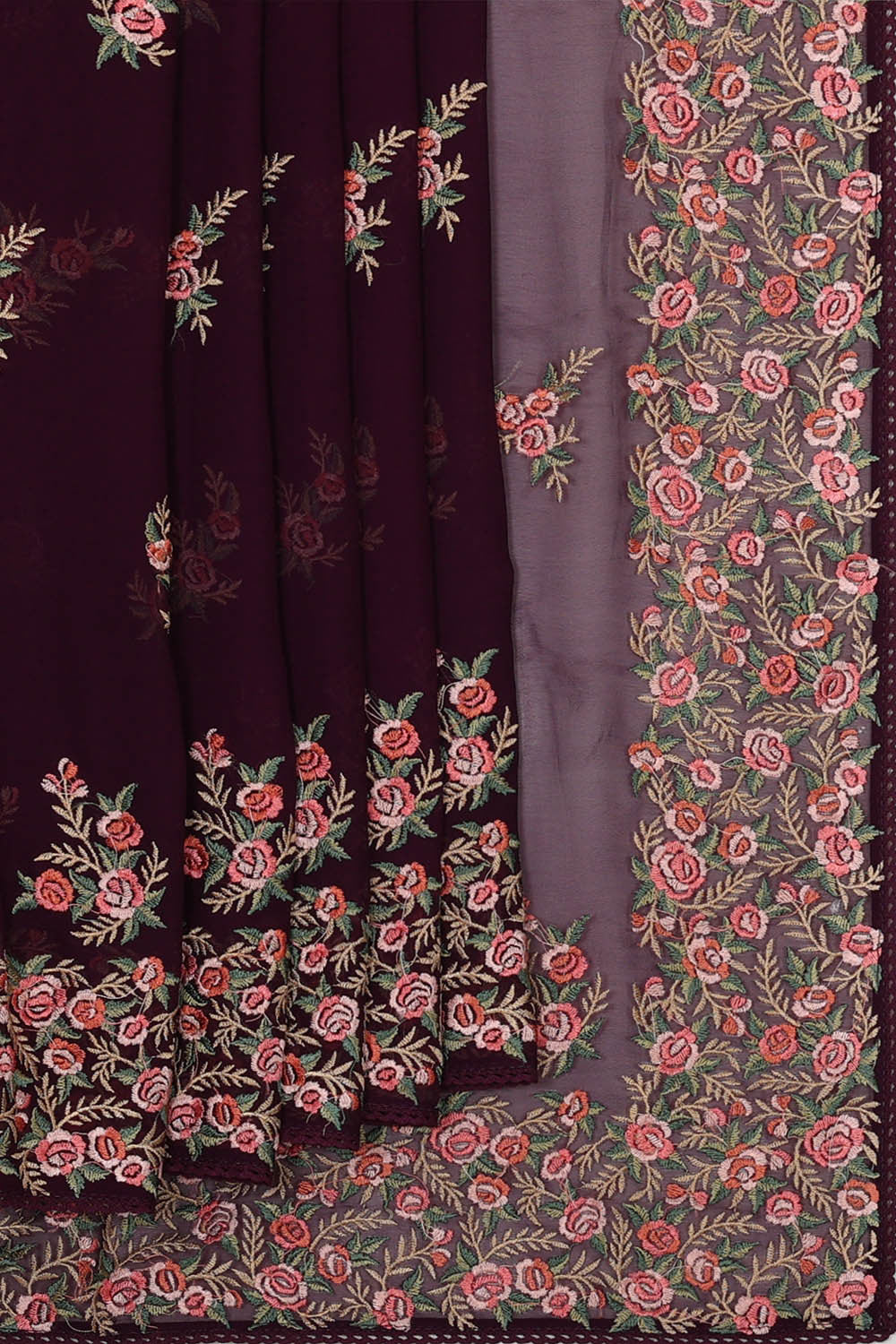 Image of Georgette Deep Wine Embroidered Saree