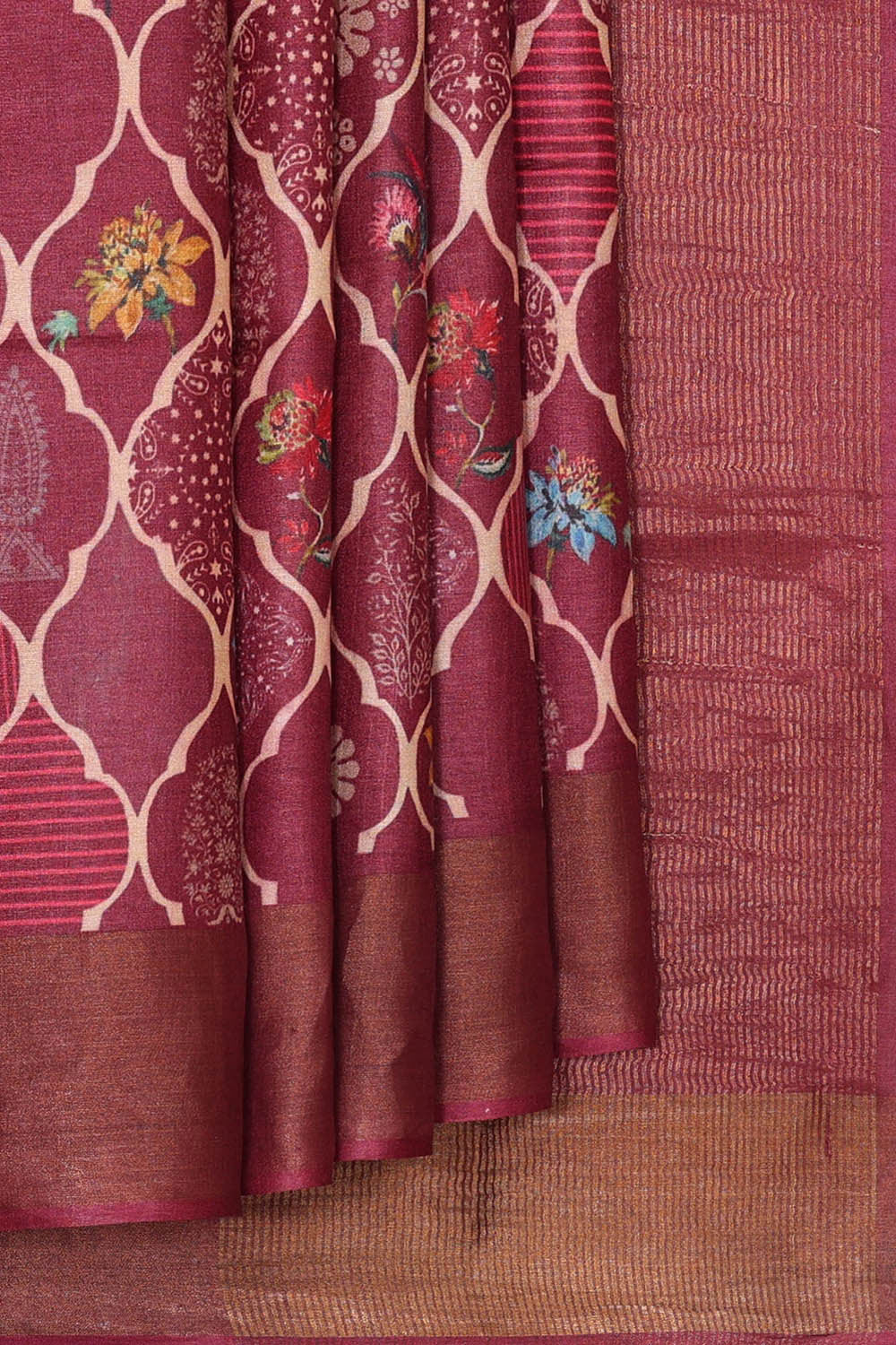 Printed Tussar Silk Dark Red Saree