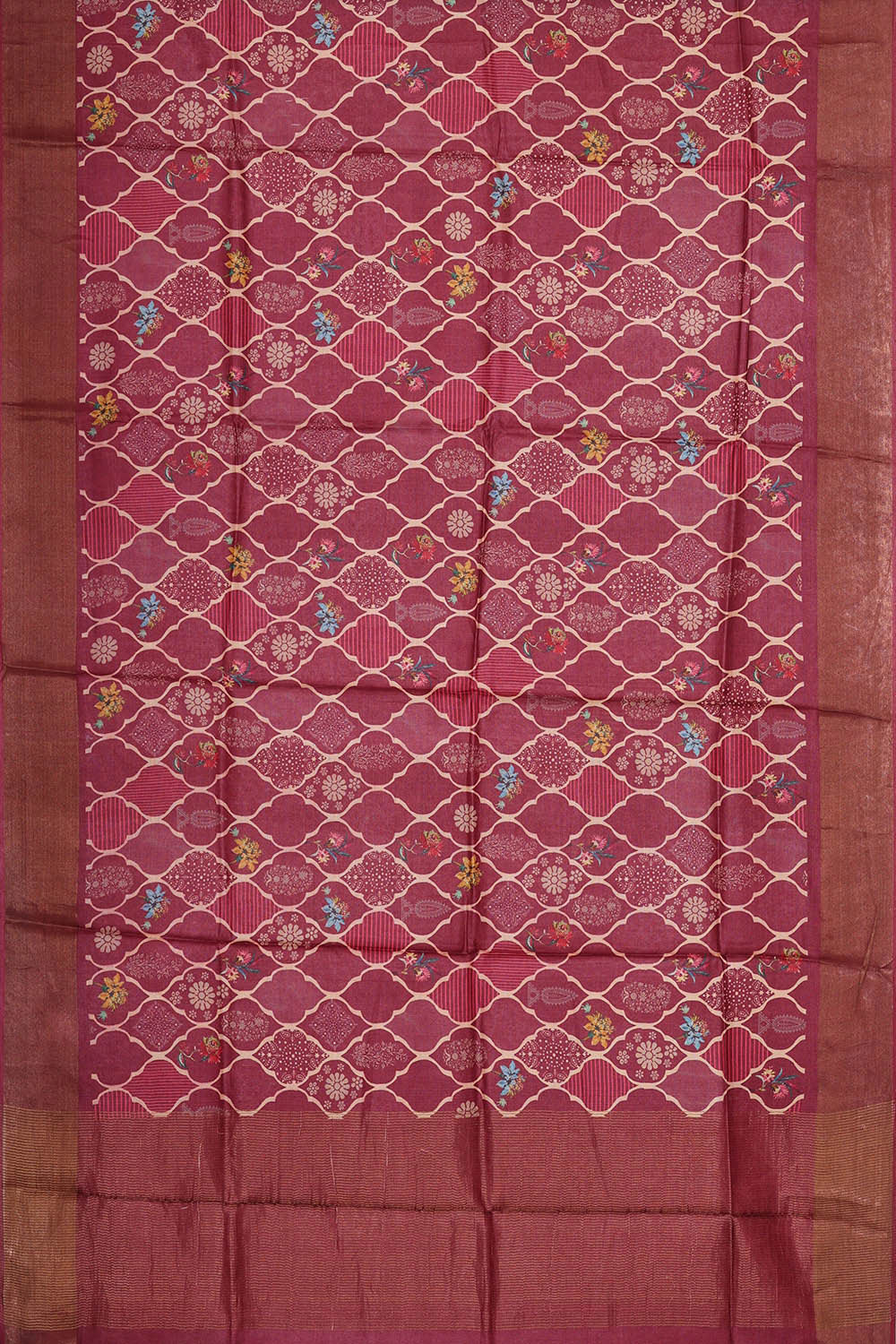 Printed Tussar Silk Dark Red Saree