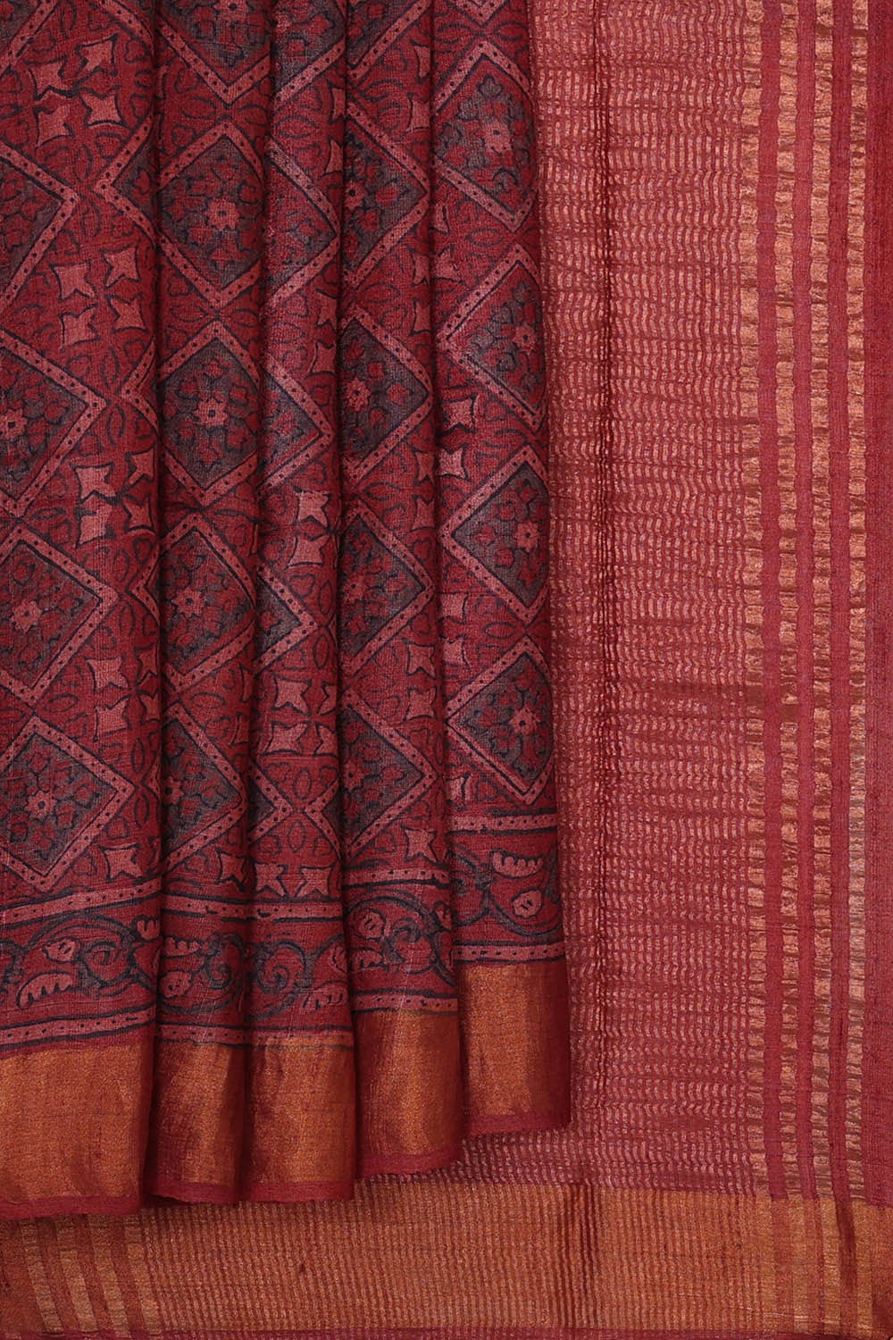 Printed Tussar Silk Brownish Red Saree