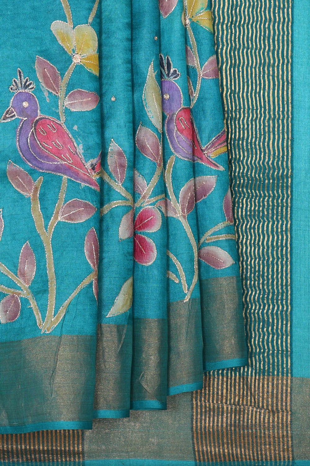 Printed Tussar Silk Blue Saree