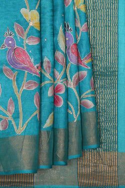 Image of Printed Tussar Silk Blue Saree