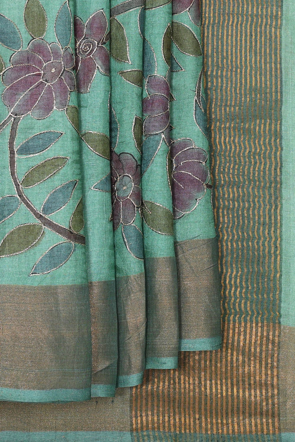 Image of Printed Tussar Silk Light Sea Green Saree