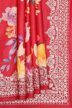 Image of Printed Tussar Silk Red Saree