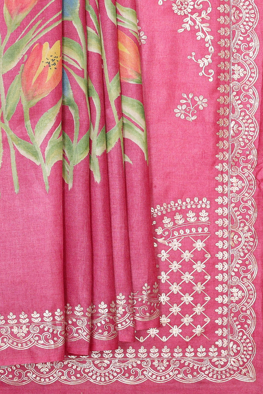 Printed Tussar Silk Pink Saree