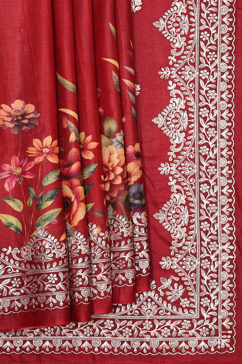 Printed Tussar Silk Red Saree