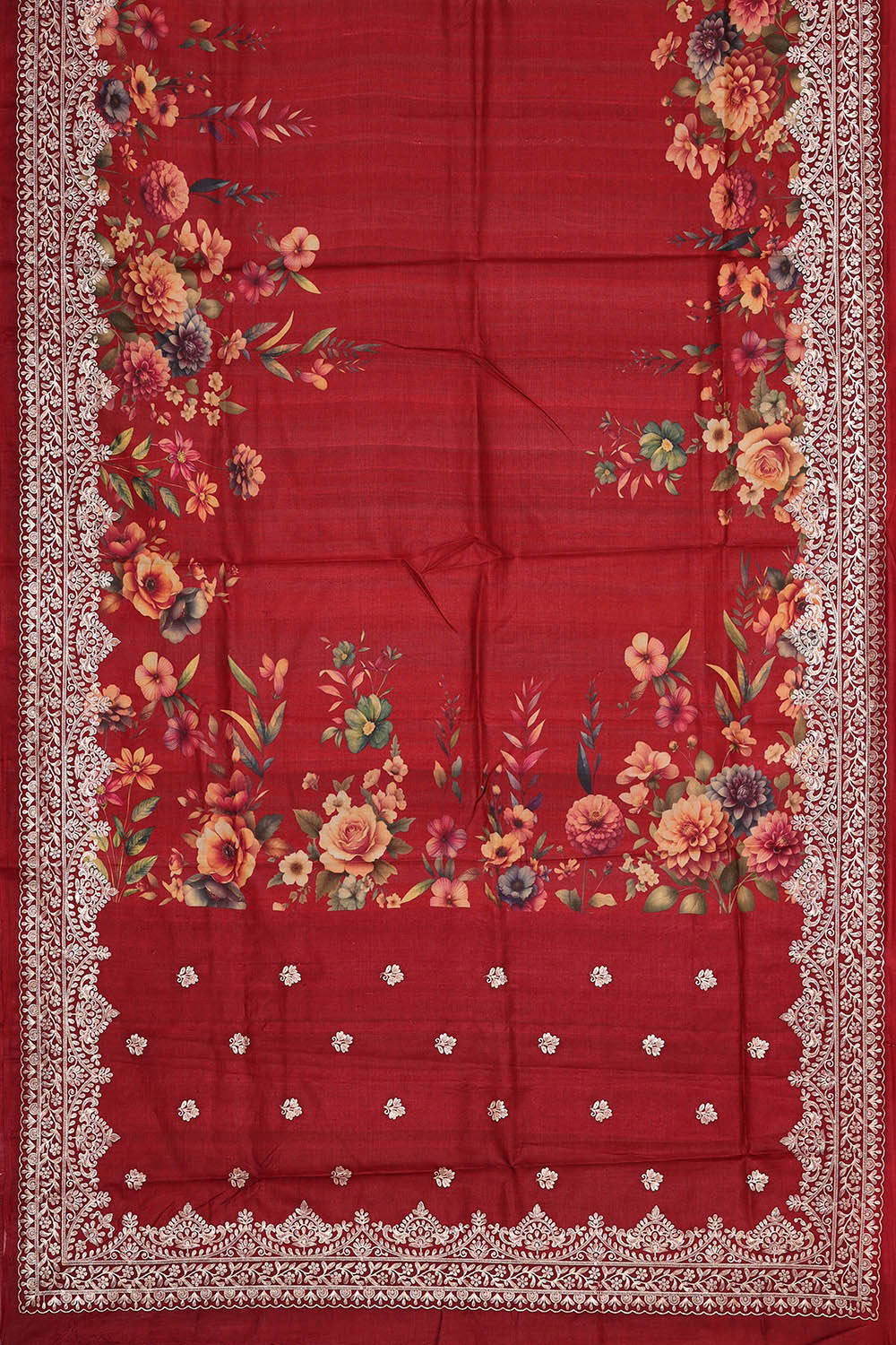 Printed Tussar Silk Red Saree