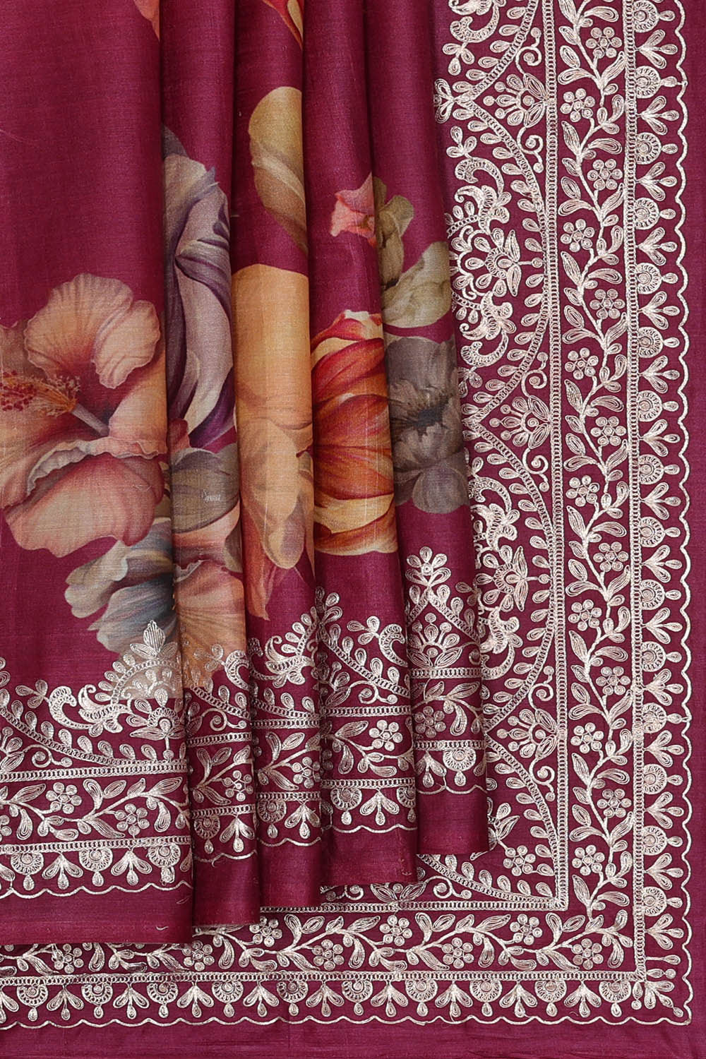 Image of Tussar Silk Dark Red Saree