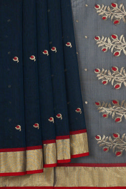 Image of Chanderi Silk Cotton Dark Peacock Blue Saree