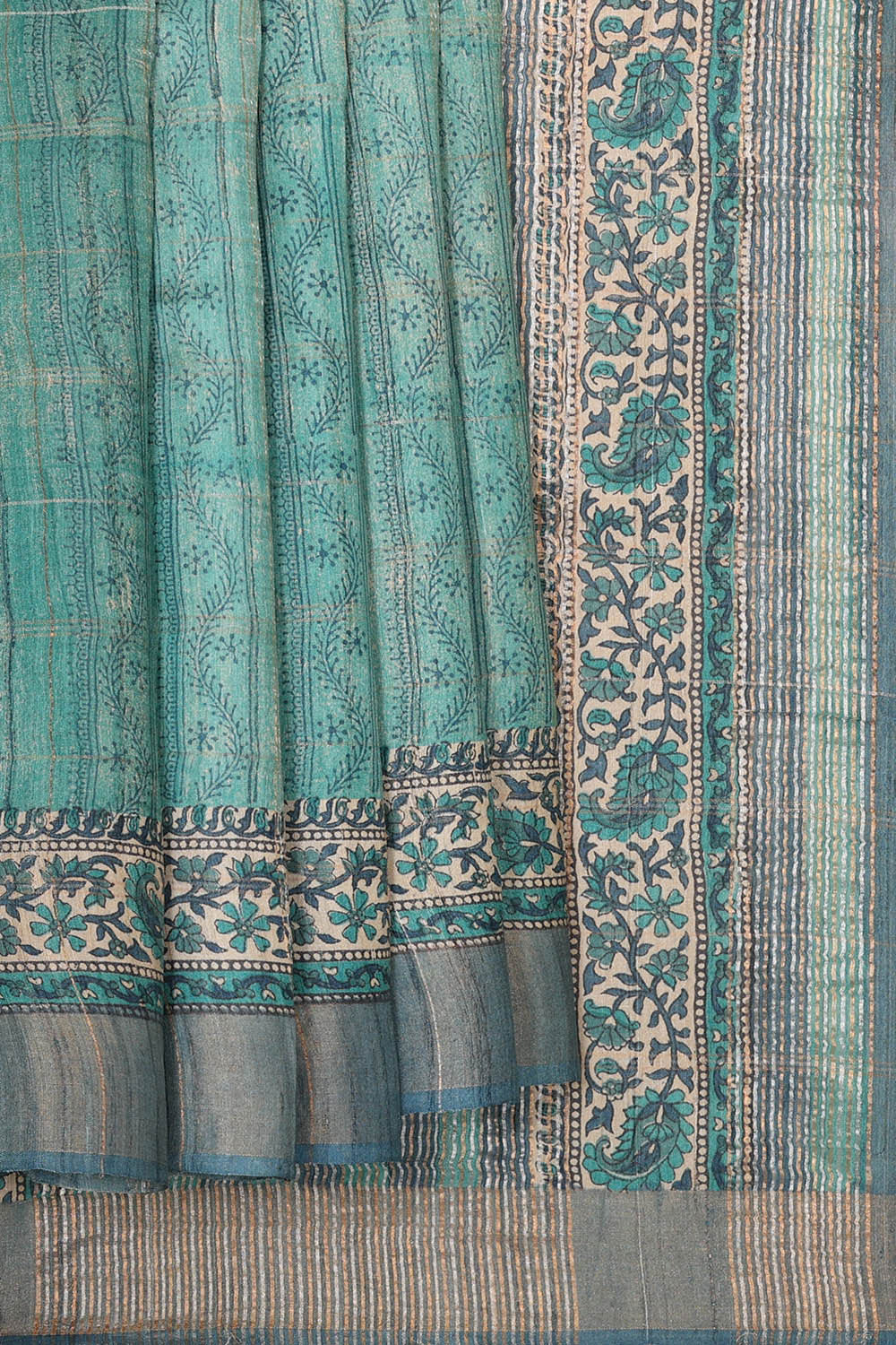 Printed Tussar Silk Blue Saree