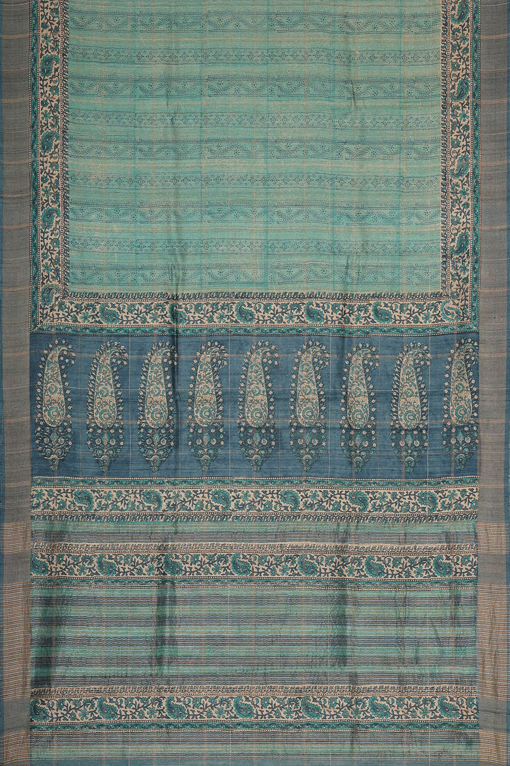 Printed Tussar Silk Blue Saree