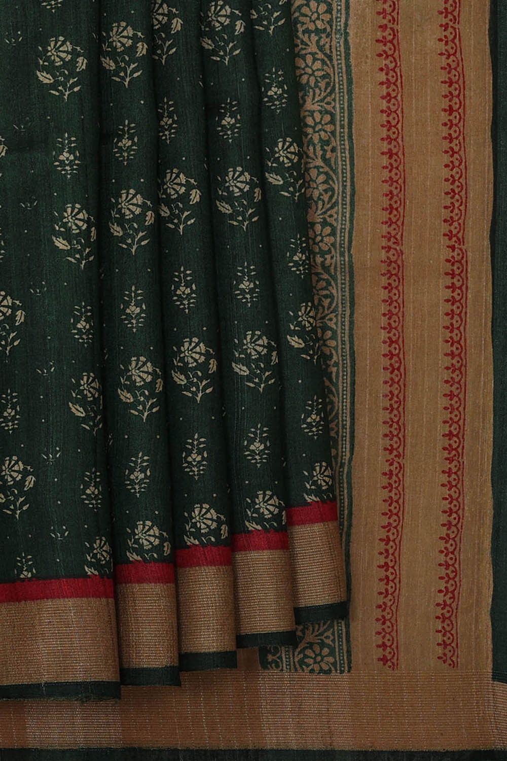 Printed Tussar Bottle Green Saree