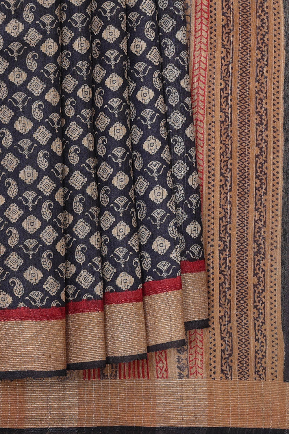 Printed Tussar Silk Dark Navy Blue Saree