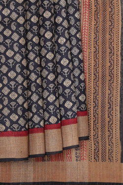 Image of Printed Tussar Silk Dark Navy Blue Saree