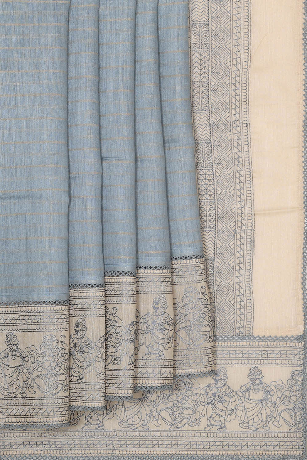 Tussar Silk Greyish Blue Embroidered Saree