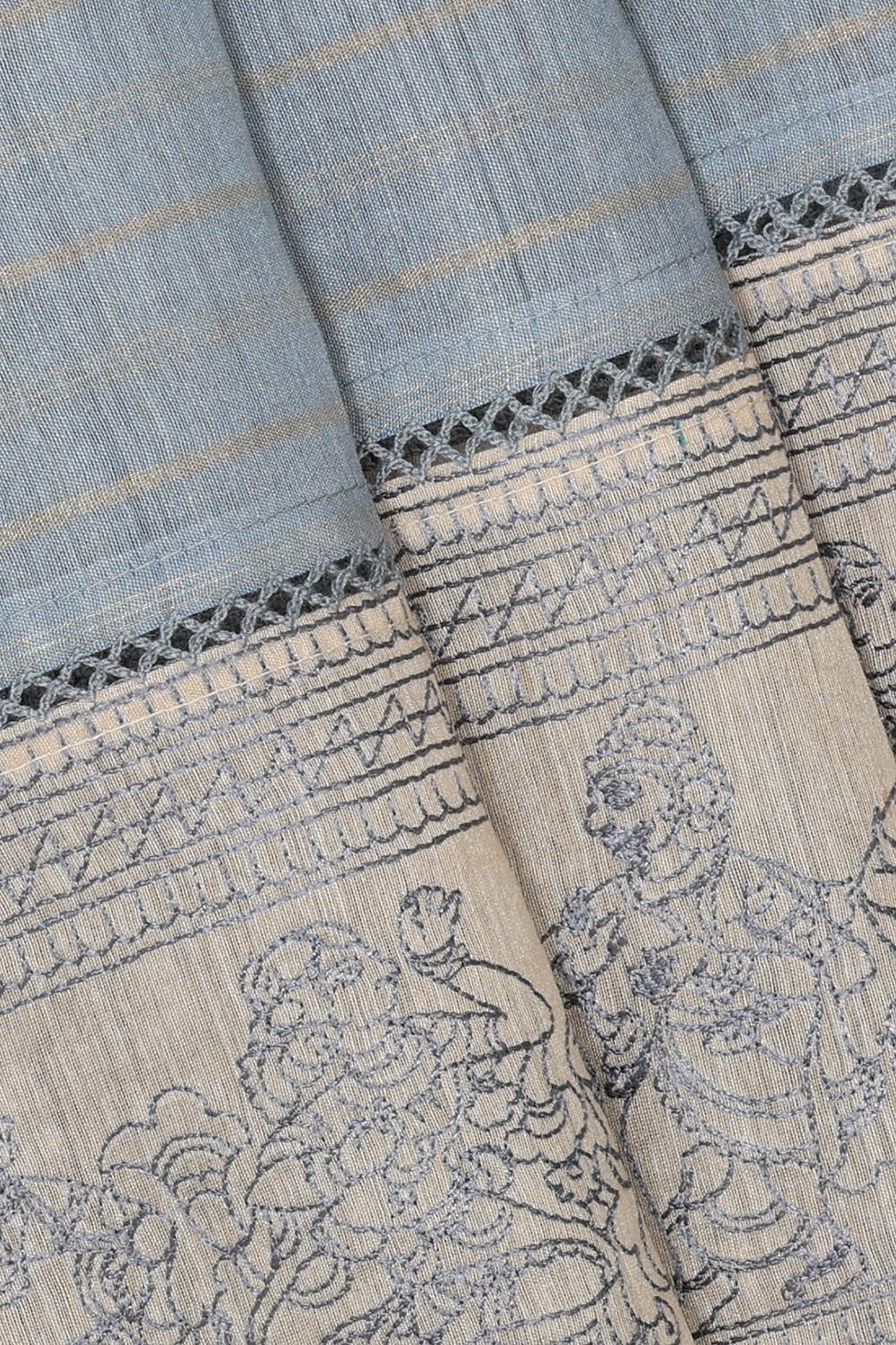 Tussar Silk Greyish Blue Embroidered Saree