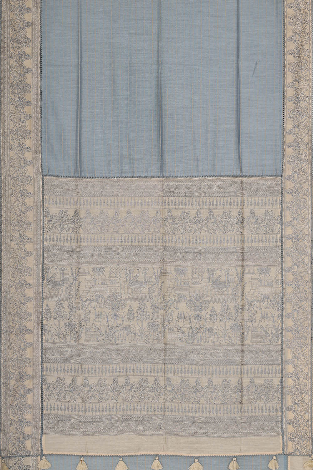 Tussar Silk Greyish Blue Embroidered Saree