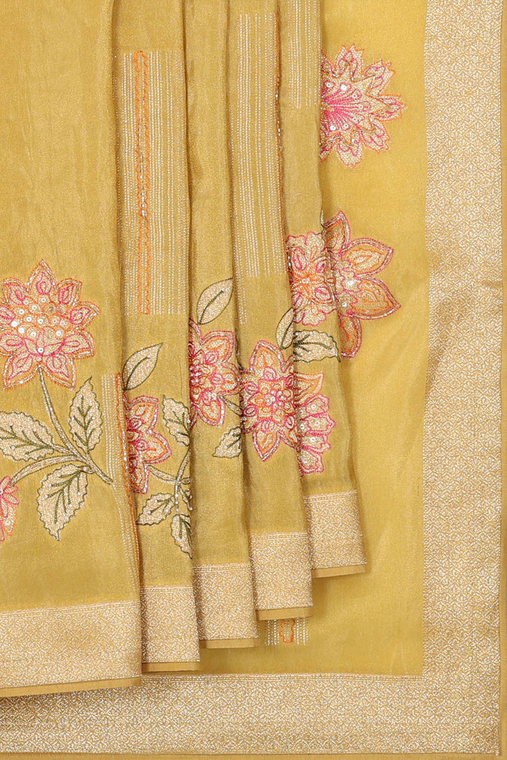 Image of Georgette Dull Yellow Embroidered Saree
