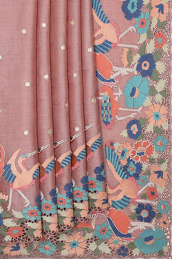 Image of Tussar Silk Dull Peach Embroidered Saree