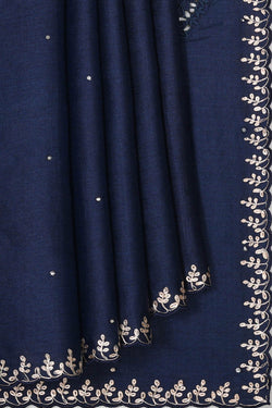 Image of Tussar Silk Navy Blue Embroidered Saree