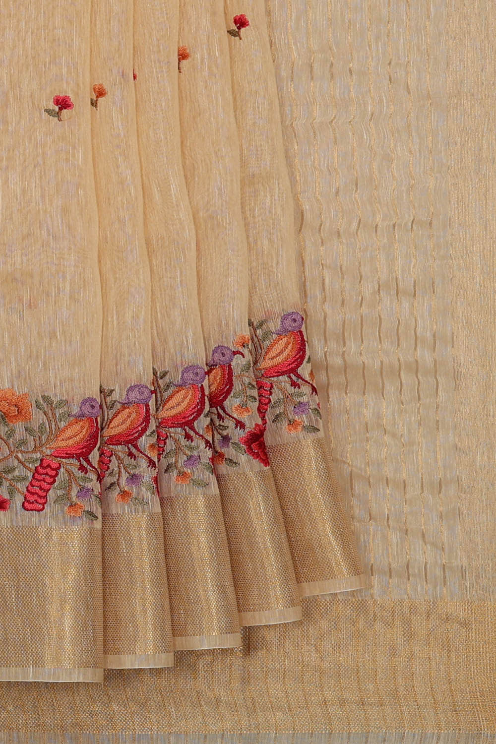 Image of Linen Silk Cream Embroidered Saree