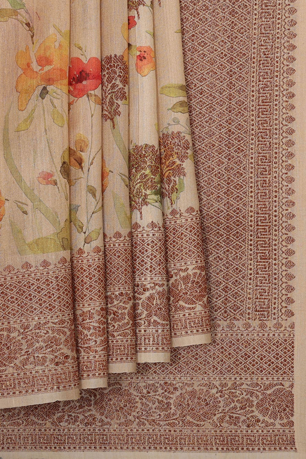 Image of Printed Tussar Cream Saree