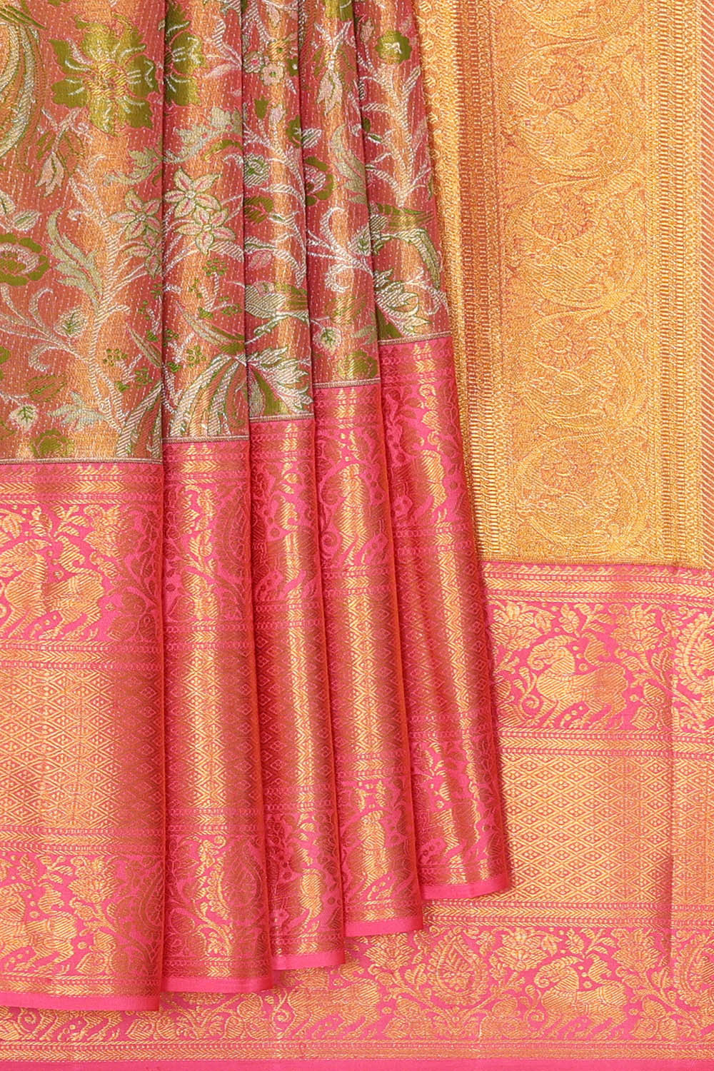 Kanchipattu Golden Pink Tissue Brocade Saree