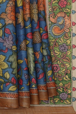 Image of Tussar Blue Kalamkari Saree