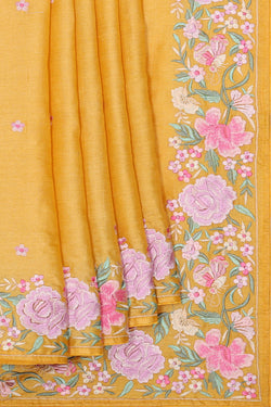 Image of Tussar Silk Yellow Embroidered Saree