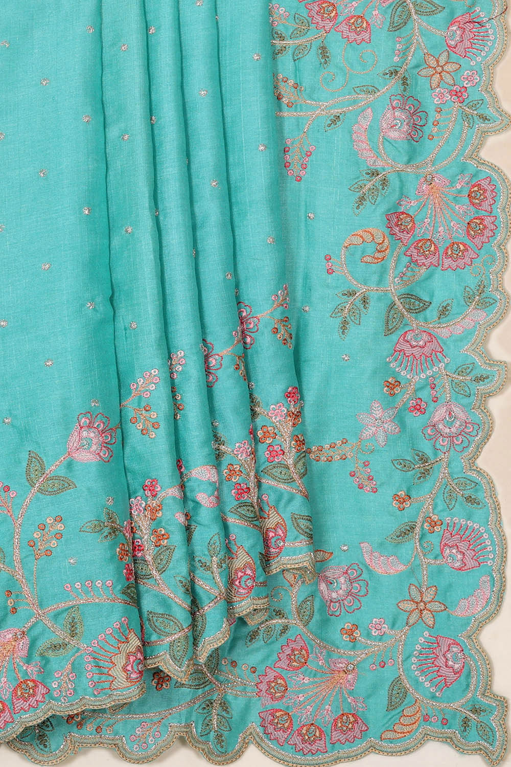 Tussar Silk Turquoise Blue Embroidered Saree