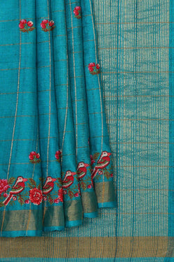 Image of Tussar Silk Sky Blue Embroidered Saree