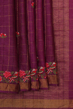 Image of Tussar Silk Deep Wine Embroidered Saree