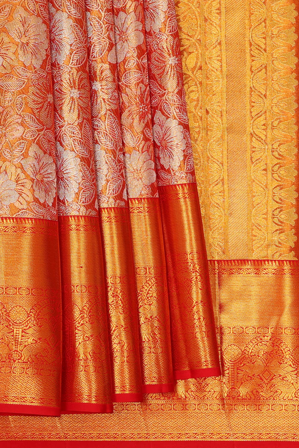 Kanchipattu Golden Red Tissue Brocade Saree