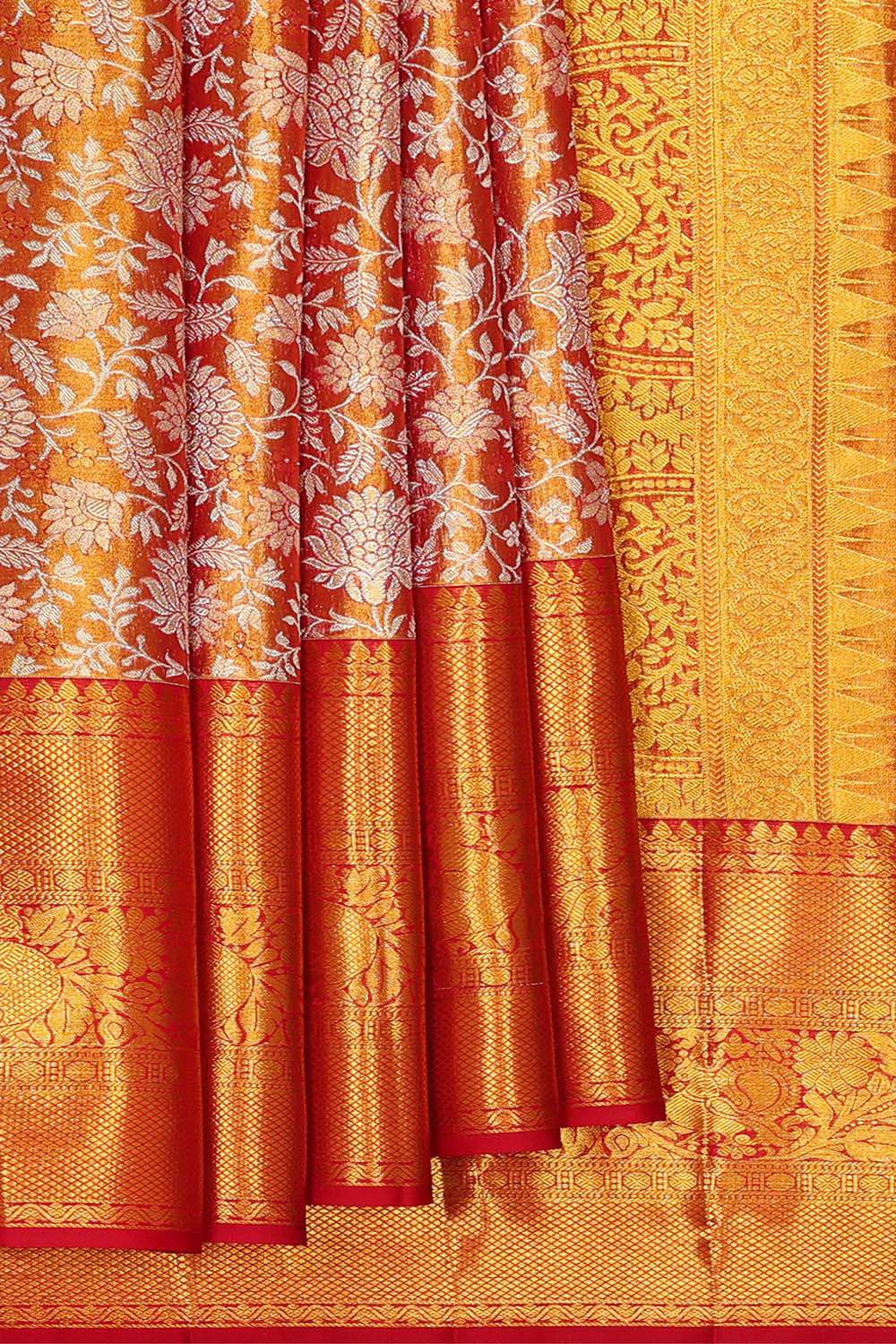 Kanchipattu Golden Red Tissue Brocade Saree