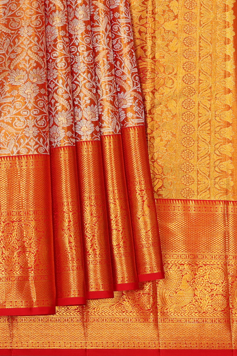 Kanchipattu Golden Red Tissue Brocade Saree